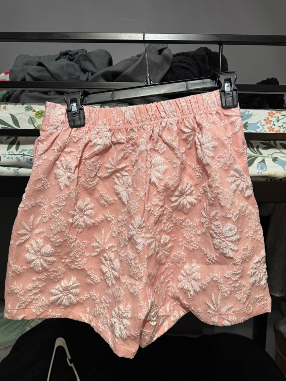 SHEIN Coral Pink High Waist Floral Embroidered Shorts